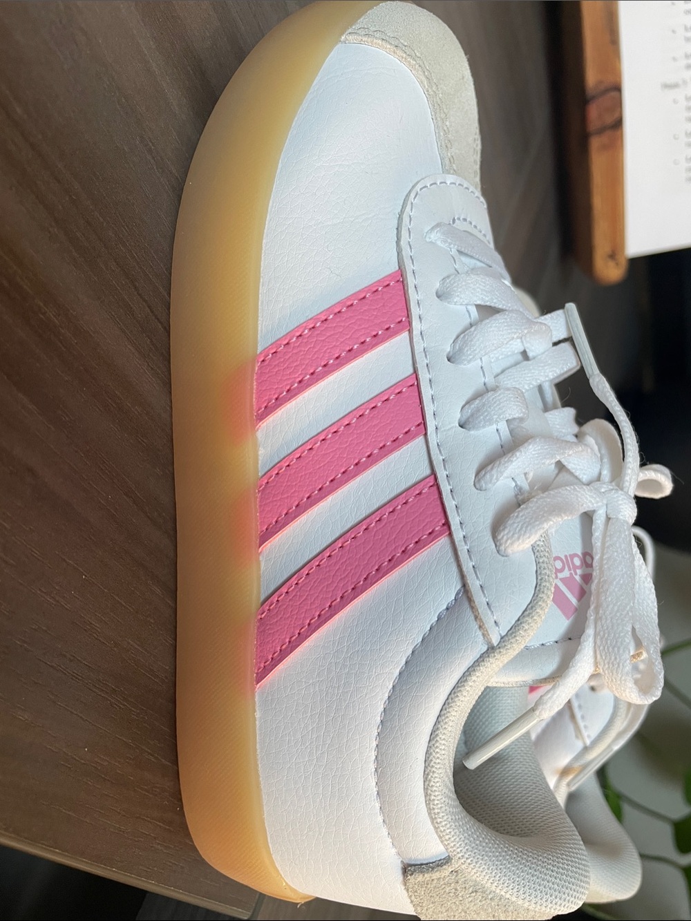 adidas Kids White Sneakers with Pink Stripes and Gum Sole